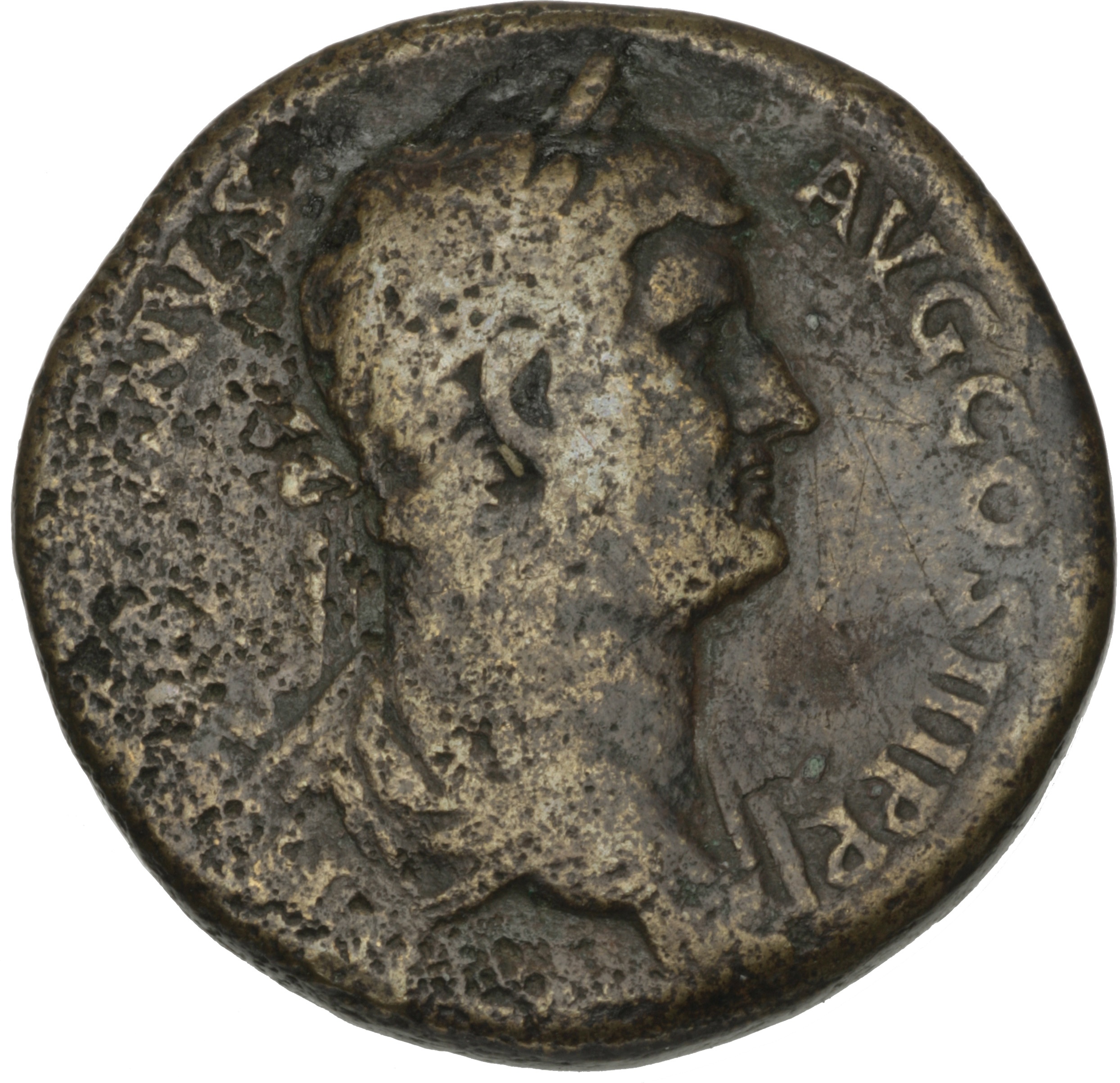 RIC II Hadrian 849f Hadrian obverse, Drapierte Büste Hadrians mit Lorbeerkranz nach rechts.