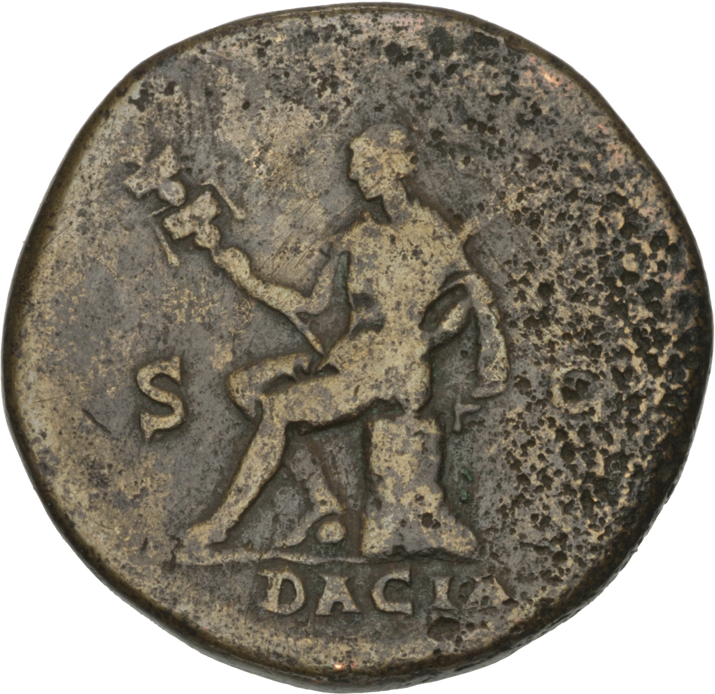 RIC II Hadrian 849f Hadrian reverse, Dacia mit Vexillum und Krummschwert nach links auf Fels sitzend, Fuß auf Globus gesetzt.
