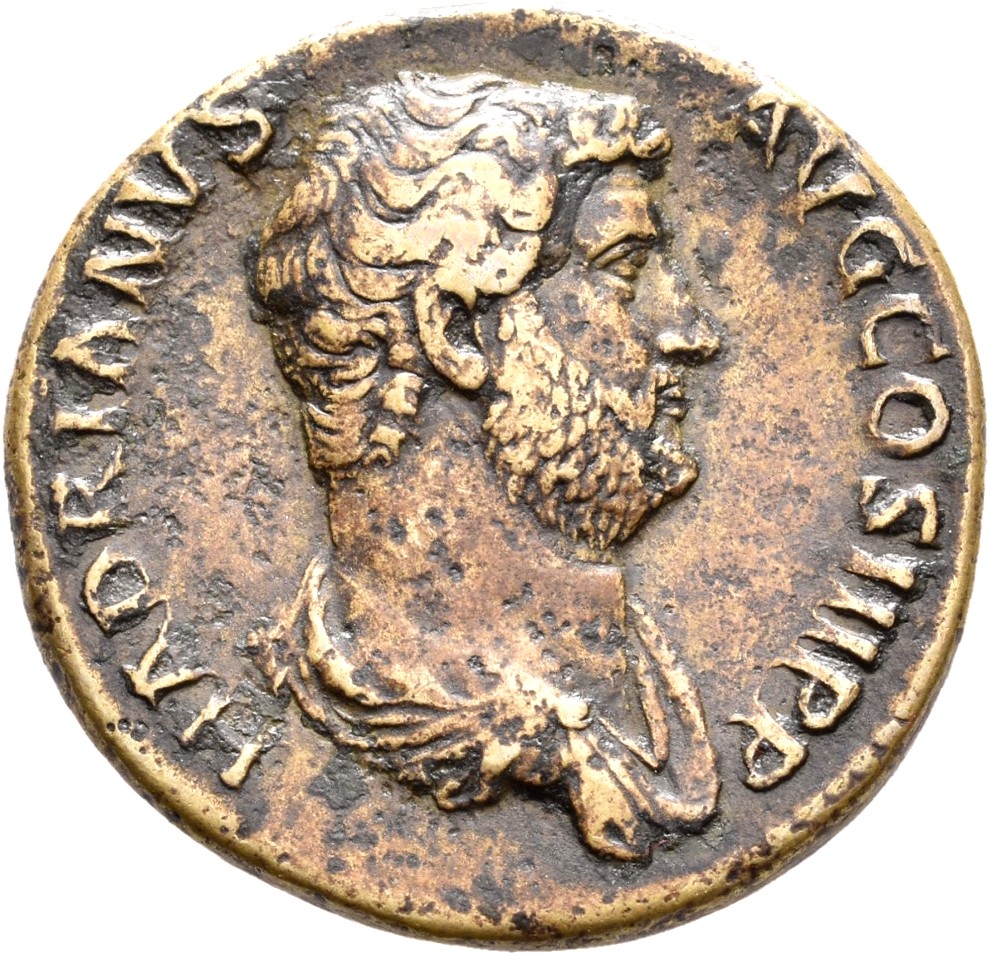 RIC II Hadrian 850c (as) Hadrian obverse, Drapierte Büste Hadrians nach rechts.