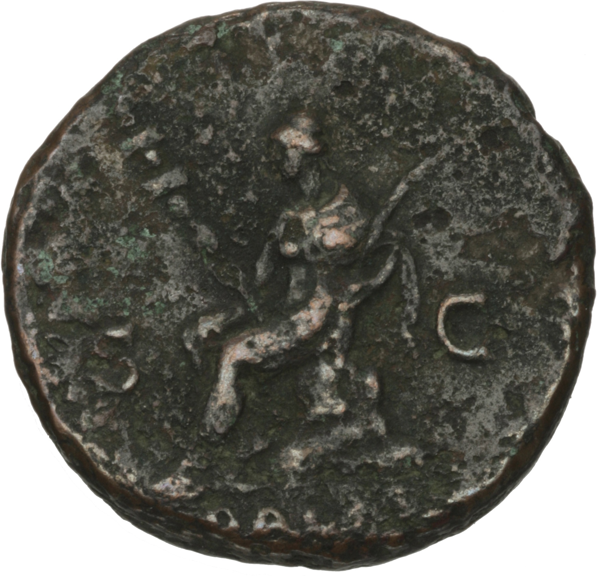 RIC II Hadrian 850c (as) Hadrian reverse, Dacia mit Vexillum und gebogenem Schwert nach links auf Fels sitzend, Fuß auf Gl...