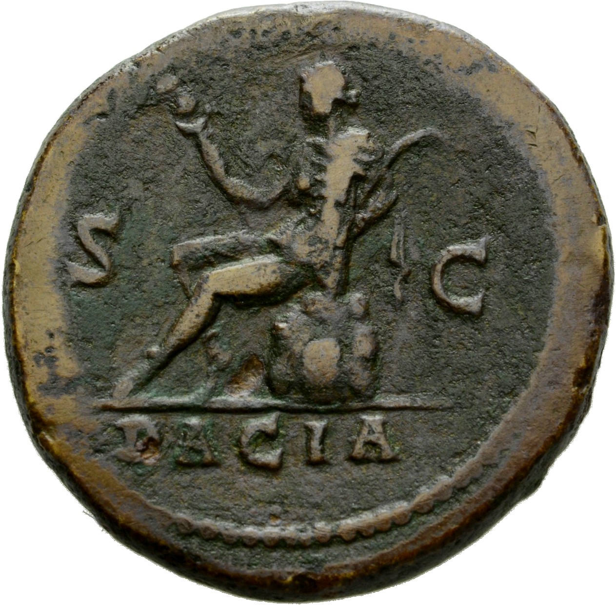 RIC II Hadrian 850f (as) Hadrian reverse, Dacia sitzt auf einem Fels nach l. Sie hält in der r. Hand ein Feldzeichen (sign...