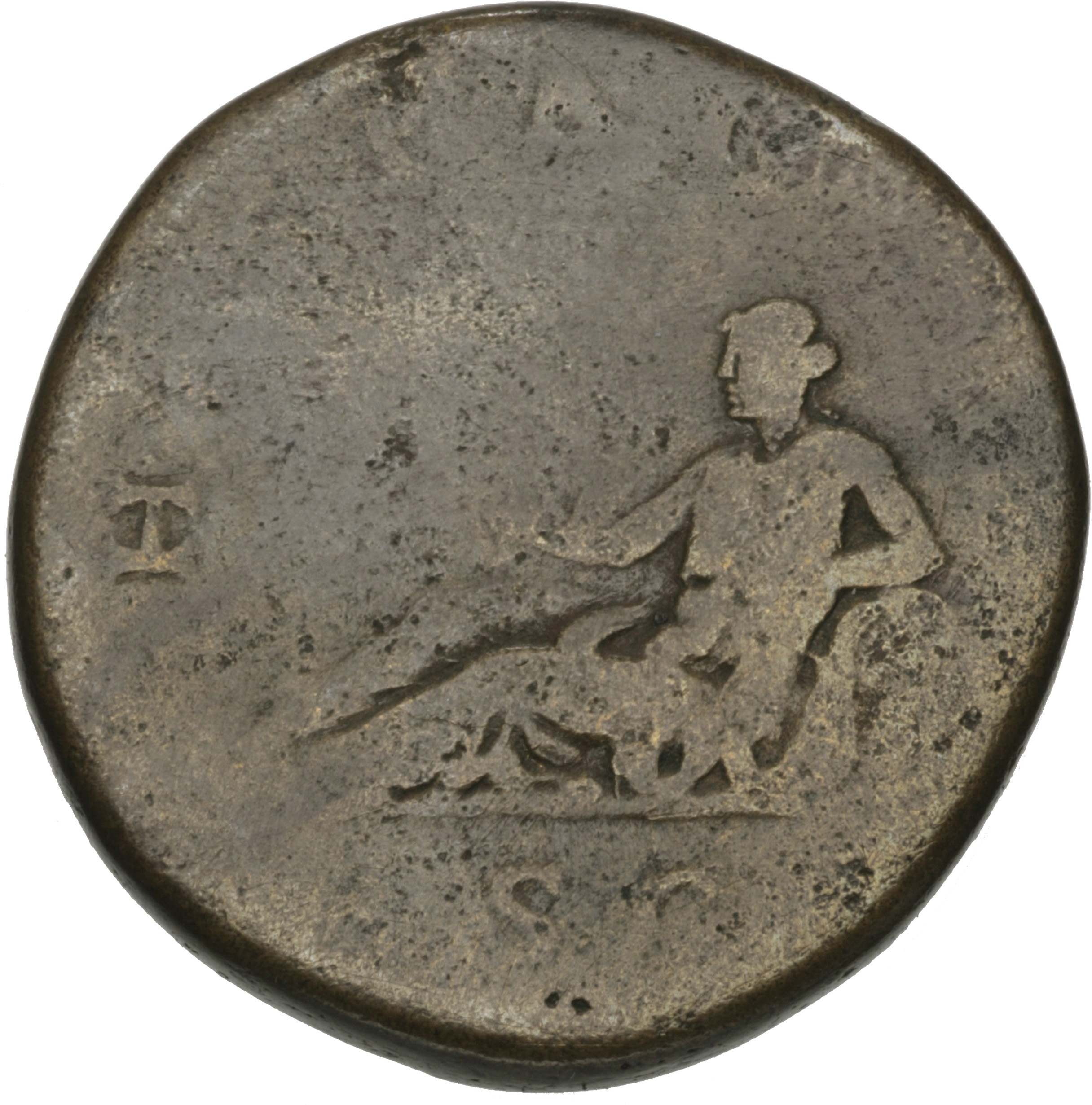 RIC II Hadrian 851f Hadrian reverse, Hispania mit Zweig nach links lagernd, Arm auf Fels gestützt.