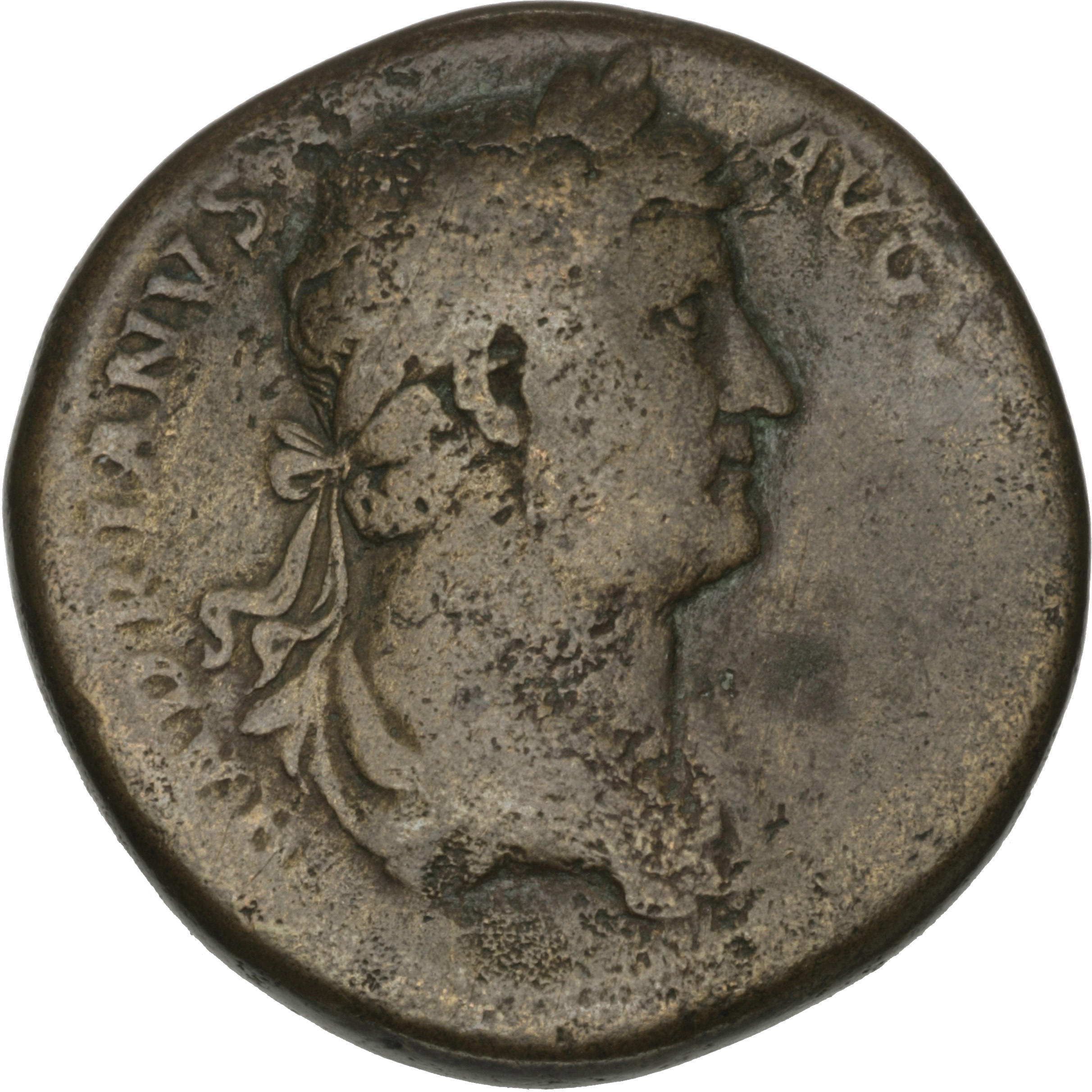 RIC II Hadrian 851f Hadrian obverse, Drapierte Büste Hadrians mit Lorbeerkranz nach rechts.