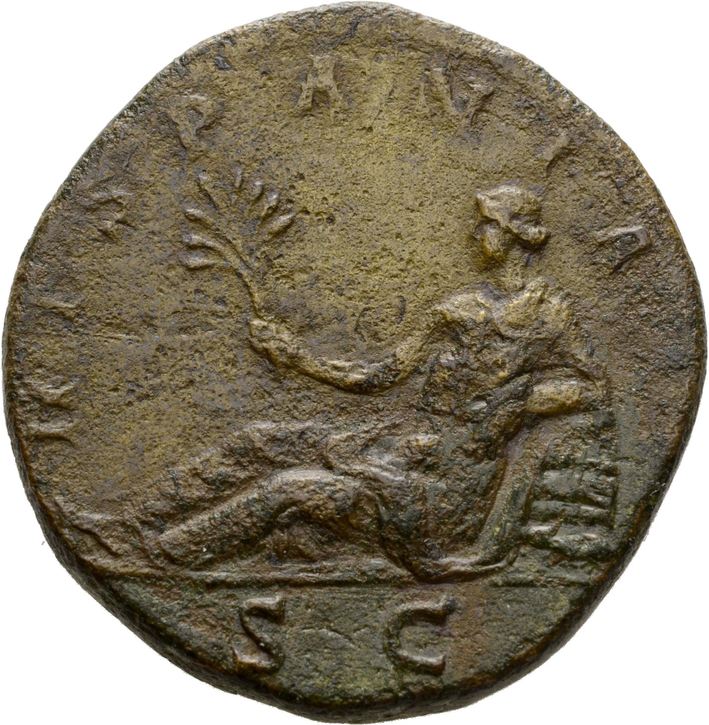 RIC II Hadrian 852f (as) Hadrian reverse, Hispania lagert nach l. Sie hält in der r. Hand einen Zweig und lehnt mit dem l....