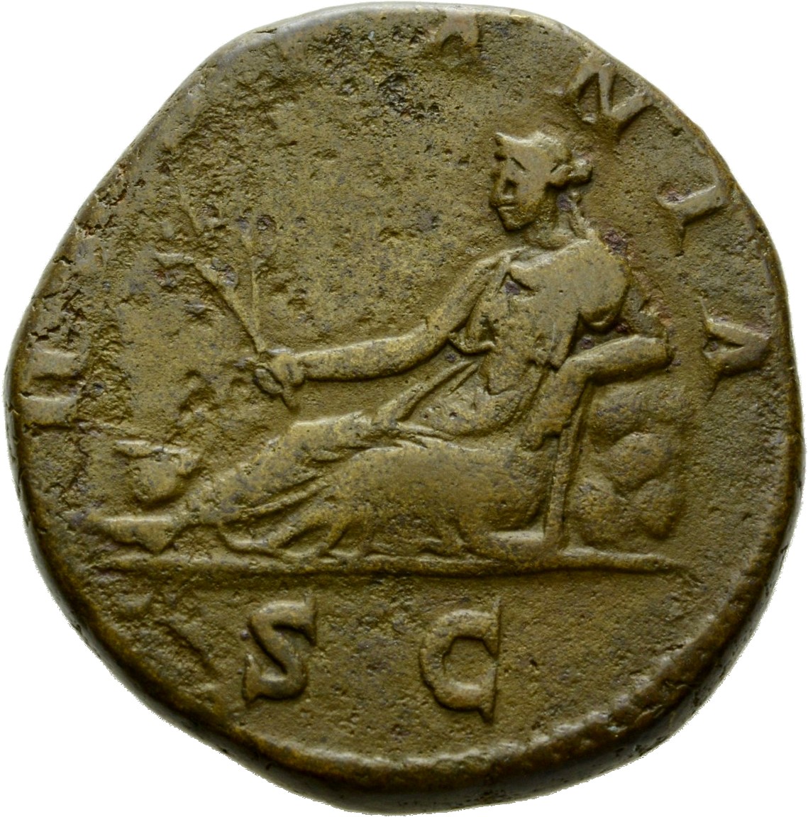 Hadrian reverse — Hispania lagert nach l. Sie hält in der r. Hand einen Zweig und lehnt mit dem l. Arm auf einem Fels. Vor ihr Hase.