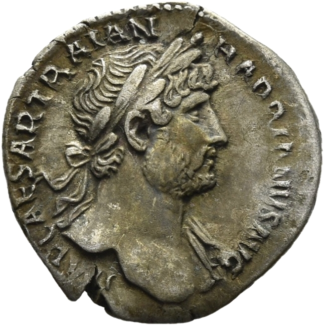 RIC II Hadrian 85a Hadrian obverse, Kopf des Hadrianus mit Lorbeerkranz und Gewandspuren an der l. Schulter nach r.