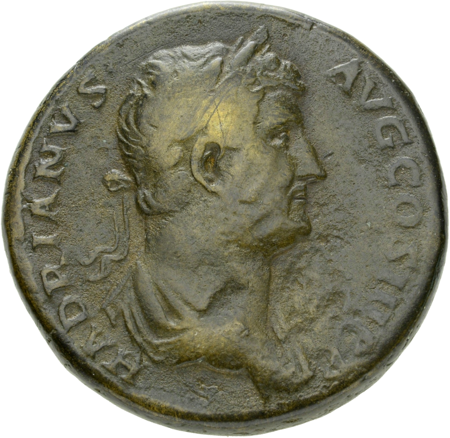 RIC II Hadrian 863f Hadrian obverse, Drapierte Büste des Hadrianus mit Lorbeerkranz nach r.