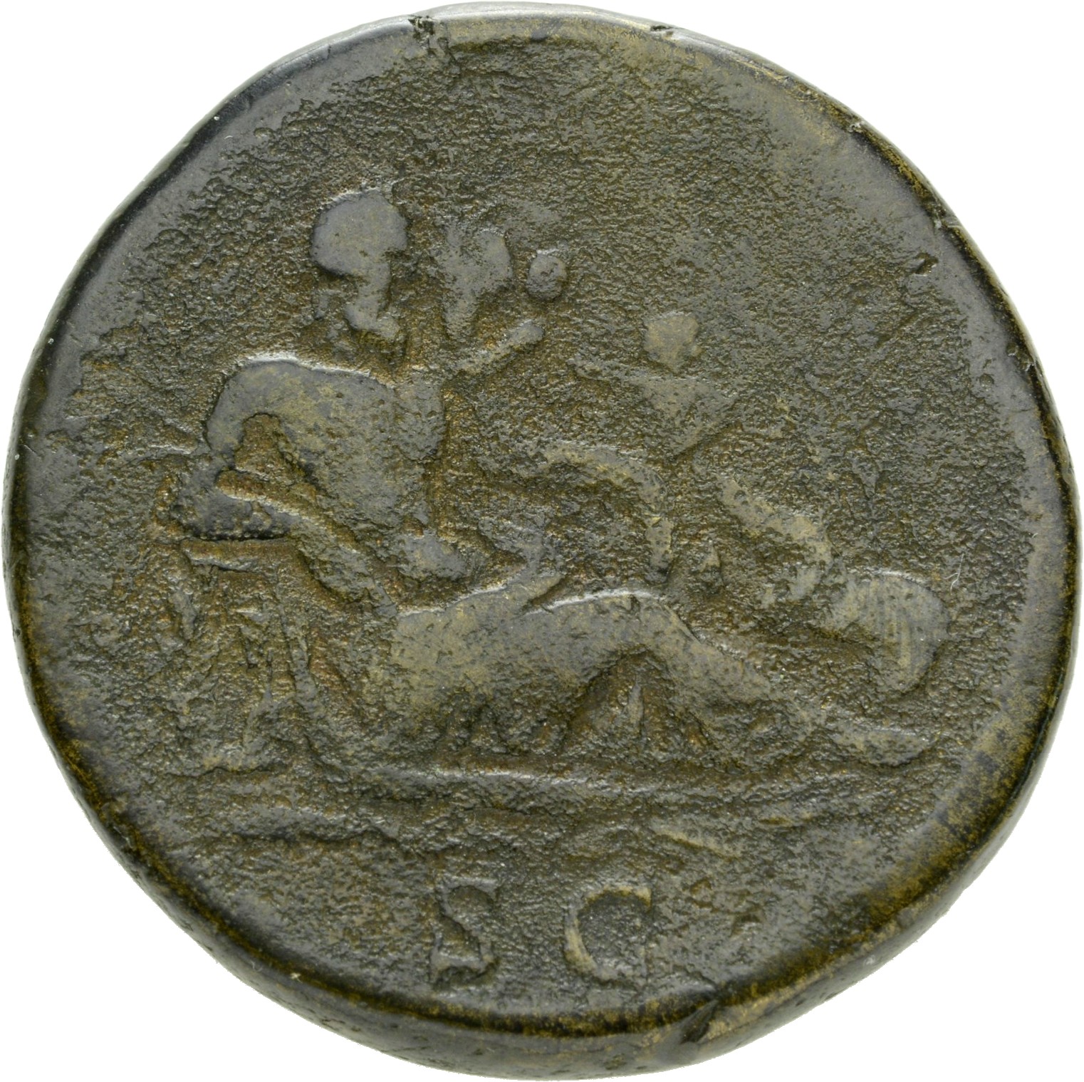 Hadrian reverse — Nil lagert nach r. und lehnt an einen Fels. Er hält in der r. Hand Schilf und im l. Arm Füllhorn (cornucopiae). Zwei Kinder spielen mit Füllhorn. Nilpferd l., Krokodil im Wasser.