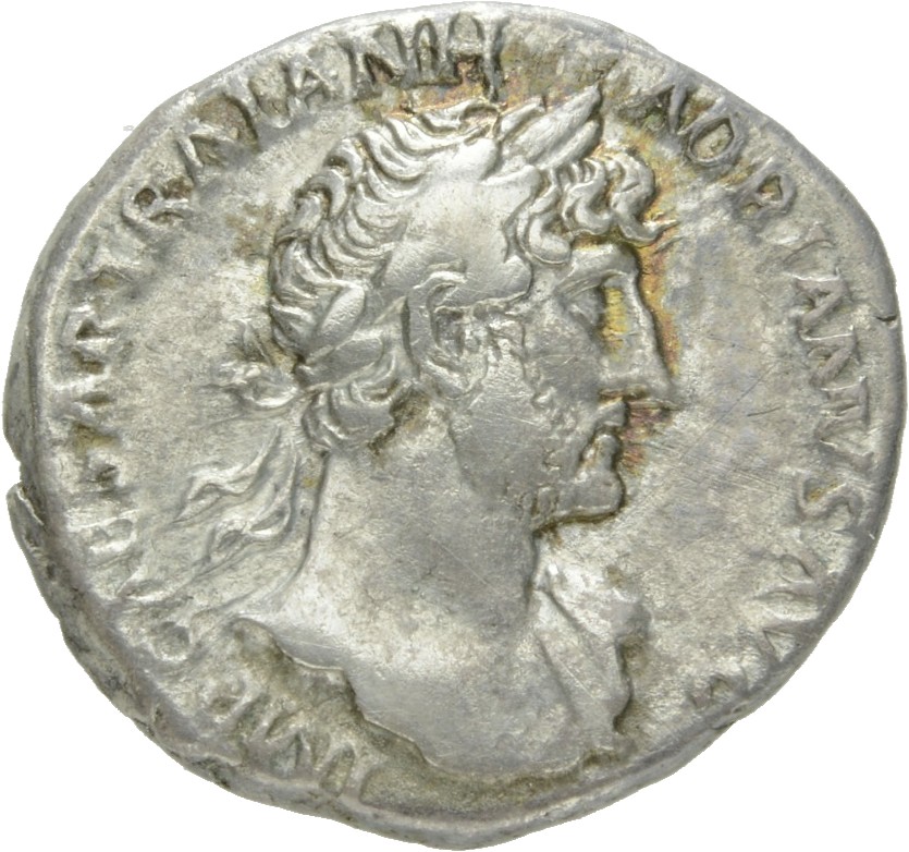 RIC II Hadrian 86b Hadrian obverse, Drapierte Büste des Hadrianus mit Lorbeerkranz in Brustansicht nach r.