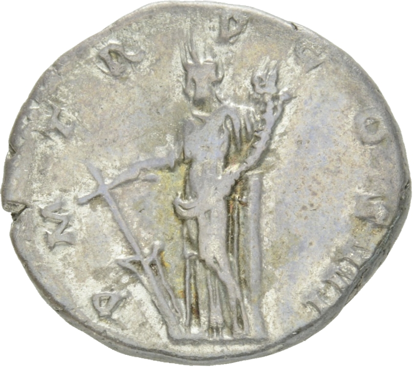 RIC II Hadrian 86b Hadrian reverse, Fortuna steht nach l. In der r. Hand ein Ruder, der l. Arm ruht auf einer Säule, in de...