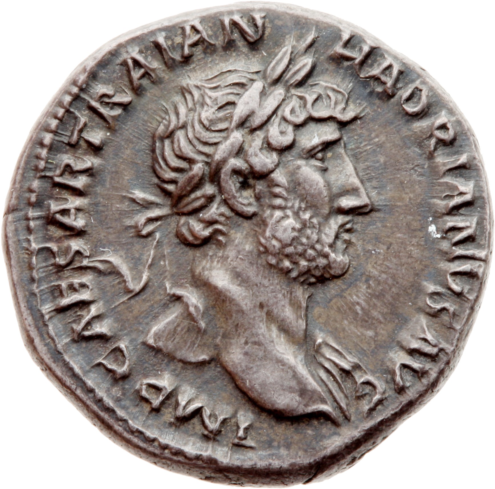 RIC II Hadrian 86b Hadrian obverse, Drapierte Büste des Hadrianus mit Lorbeerkranz in Brustansicht nach r.