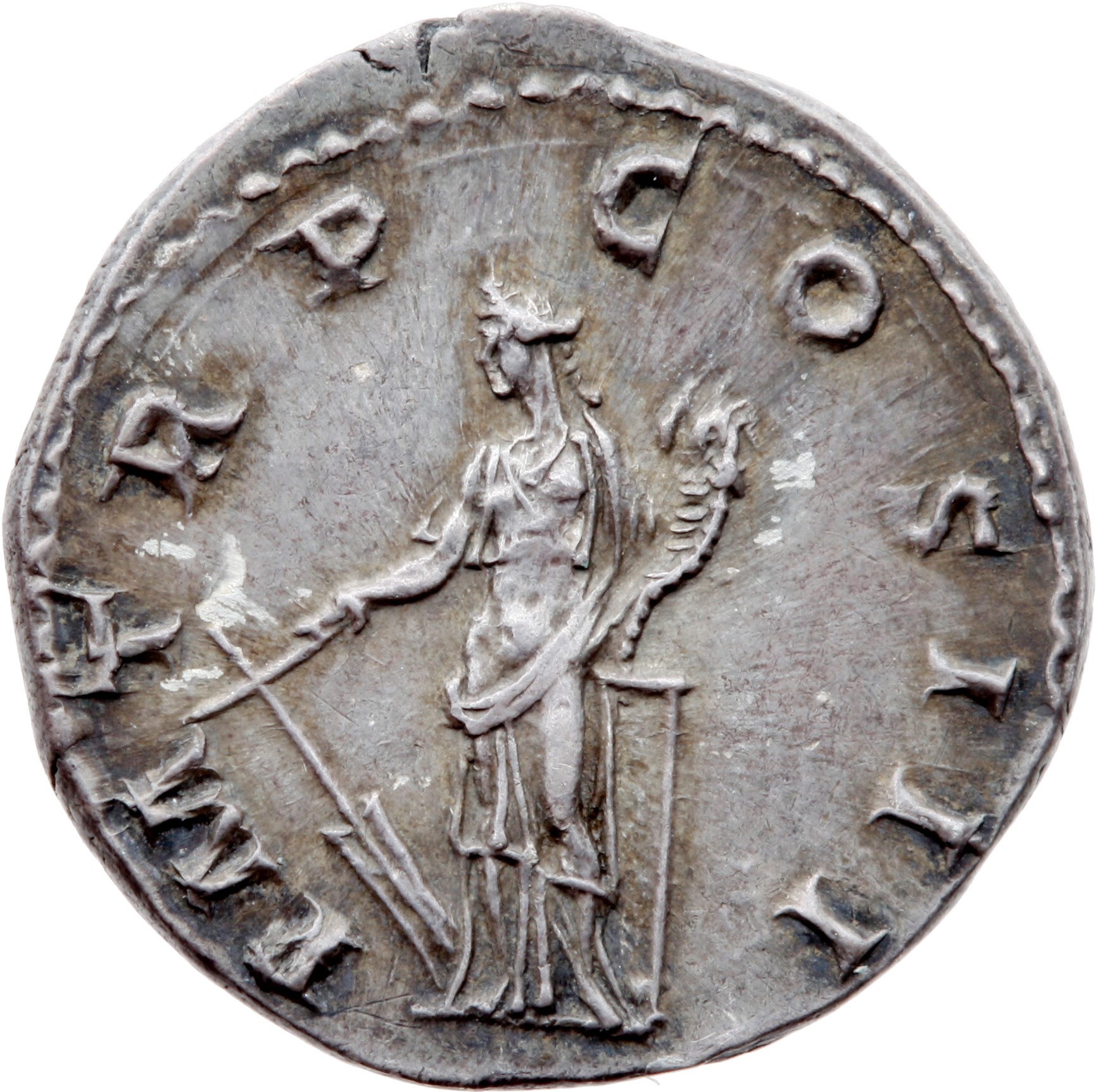 RIC II Hadrian 86b Hadrian reverse, Fortuna steht nach l. In der r. Hand ein Ruder, der l. Arm ruht auf einer Säule, in de...