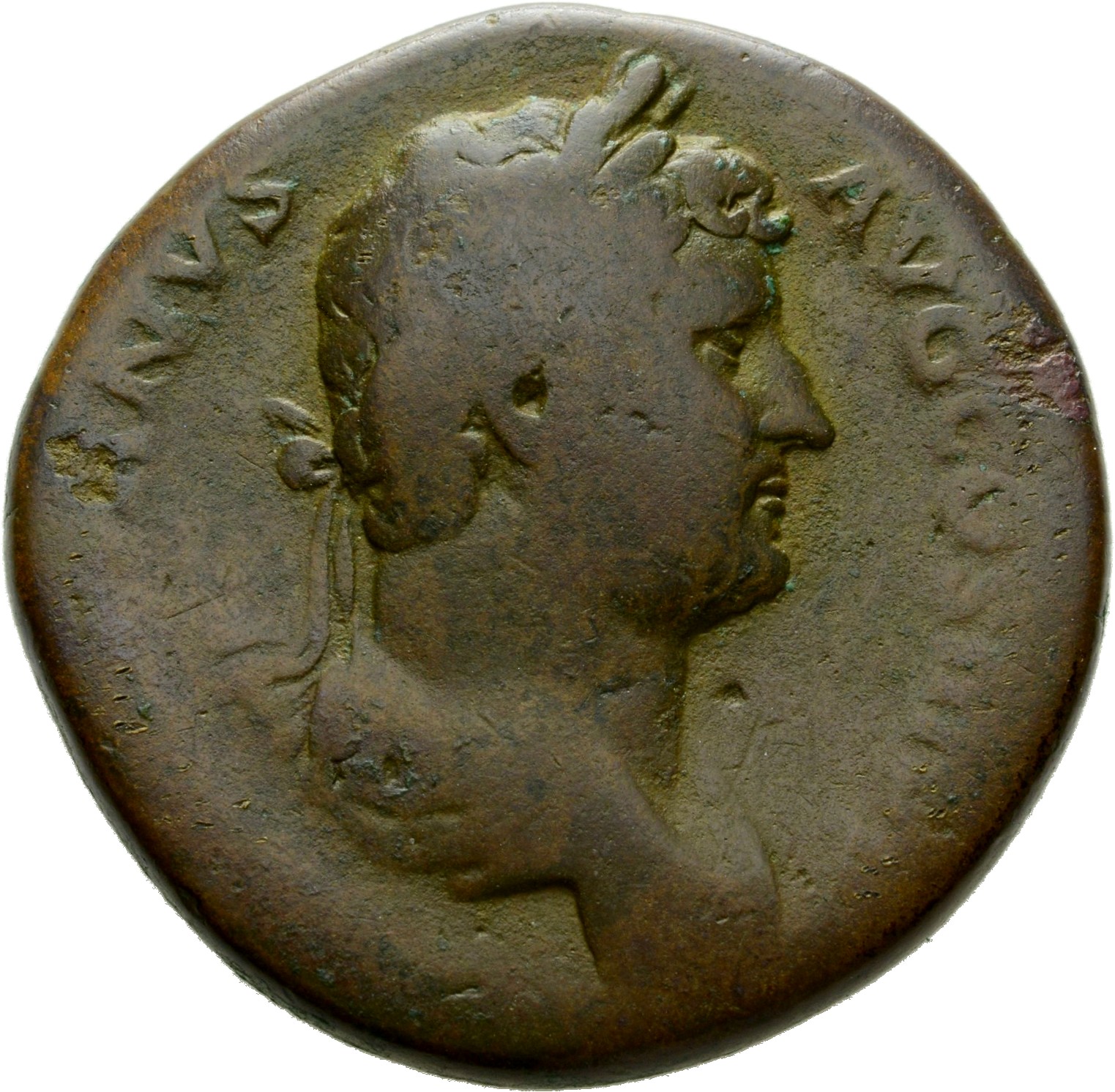 RIC II Hadrian 872f Hadrian obverse, Drapierte Büste des Hadrianus mit Lorbeerkranz nach r.