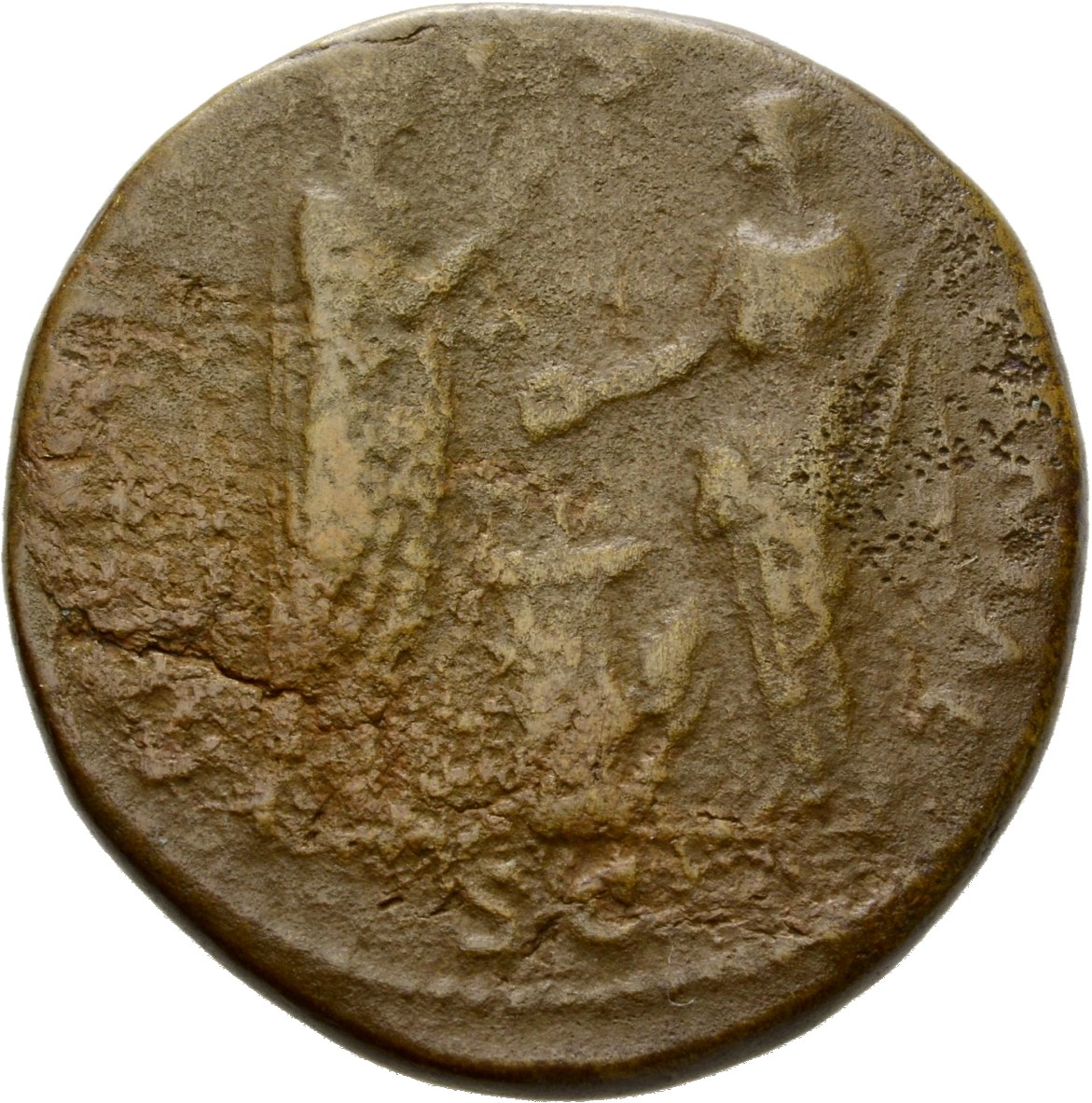 RIC II Hadrian 887d Hadrian reverse, Hadrianus mit Toga steht nach r. Er hebt die r. Hand. Ihm gegenüber Hispania. Sie opf...
