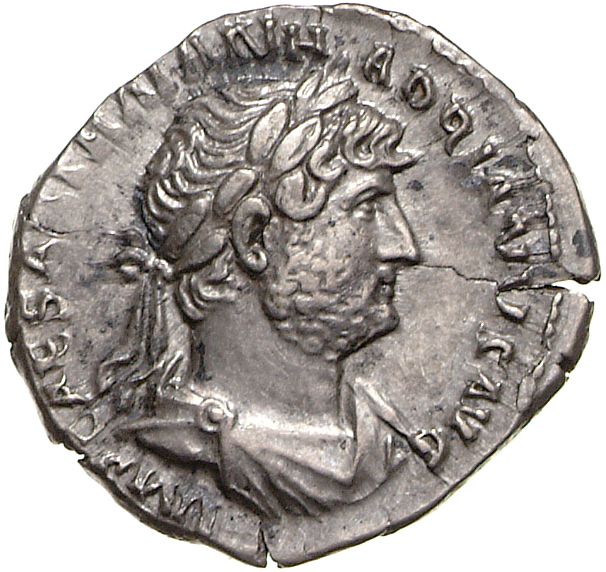 RIC II Hadrian 88c Hadrian obverse, Drapierte Panzerbüste des Hadrianus mit Lorbeerkranz in der Brustansicht nach r.
