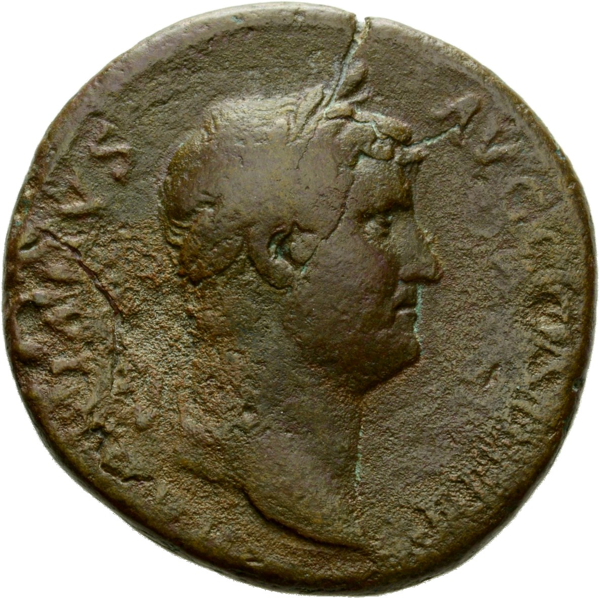 RIC II Hadrian 892 (as) Hadrian obverse, Büste des Hadrianus mit Lorbeerkranz nach r.