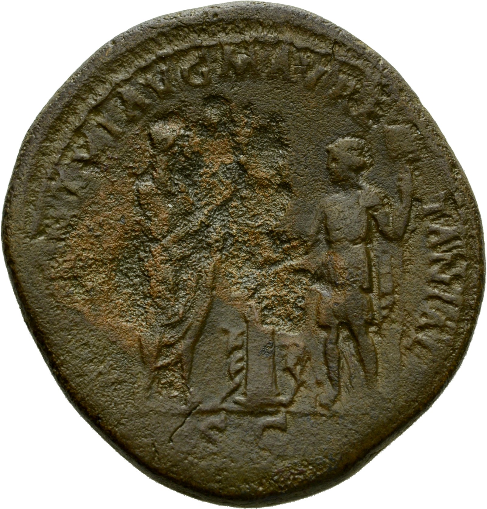 RIC II Hadrian 897c Hadrian reverse, Hadrianus mit Toga steht nach r. Er hält in der l. Hand eine Schriftrole und hebt die...