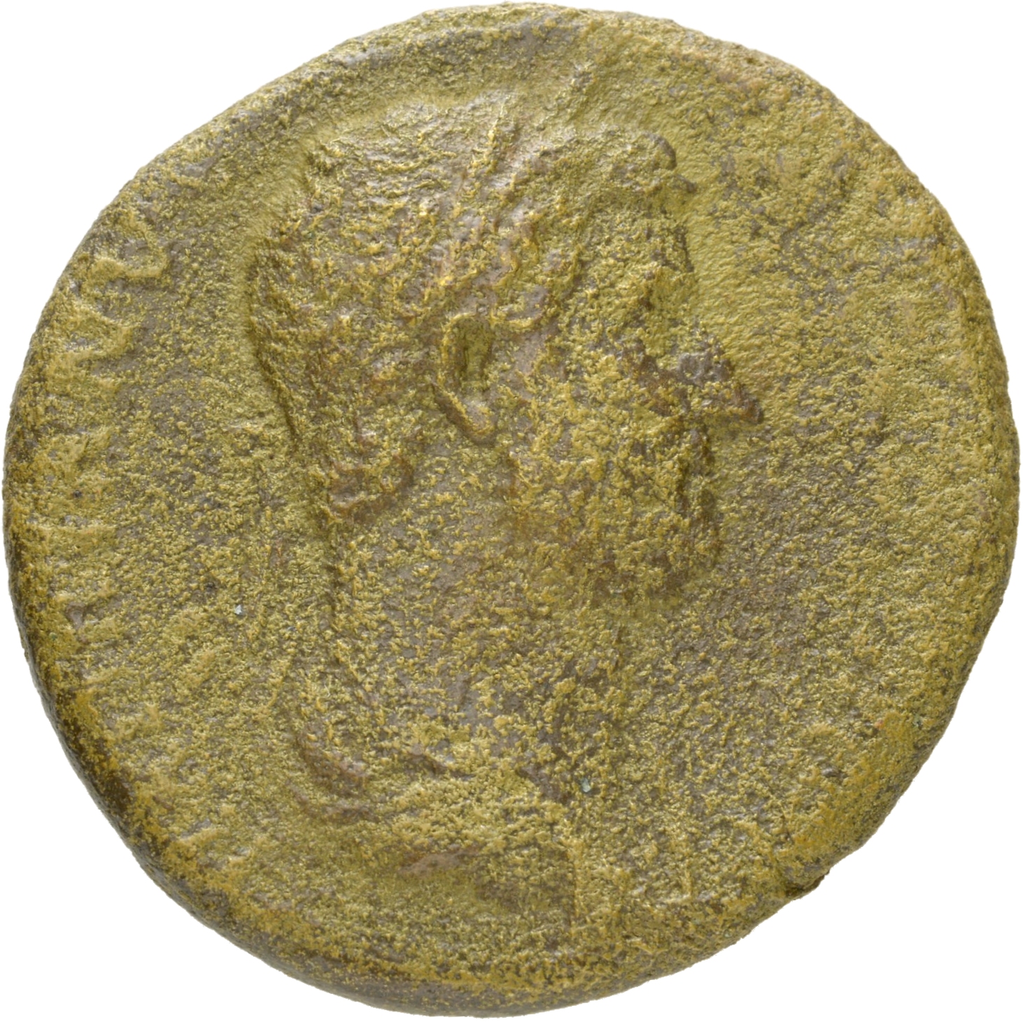 RIC II Hadrian 908 Hadrian obverse, Drapierte Büste des Hadrianus mit Lorbeerkranz in der Rückenansicht nach r.