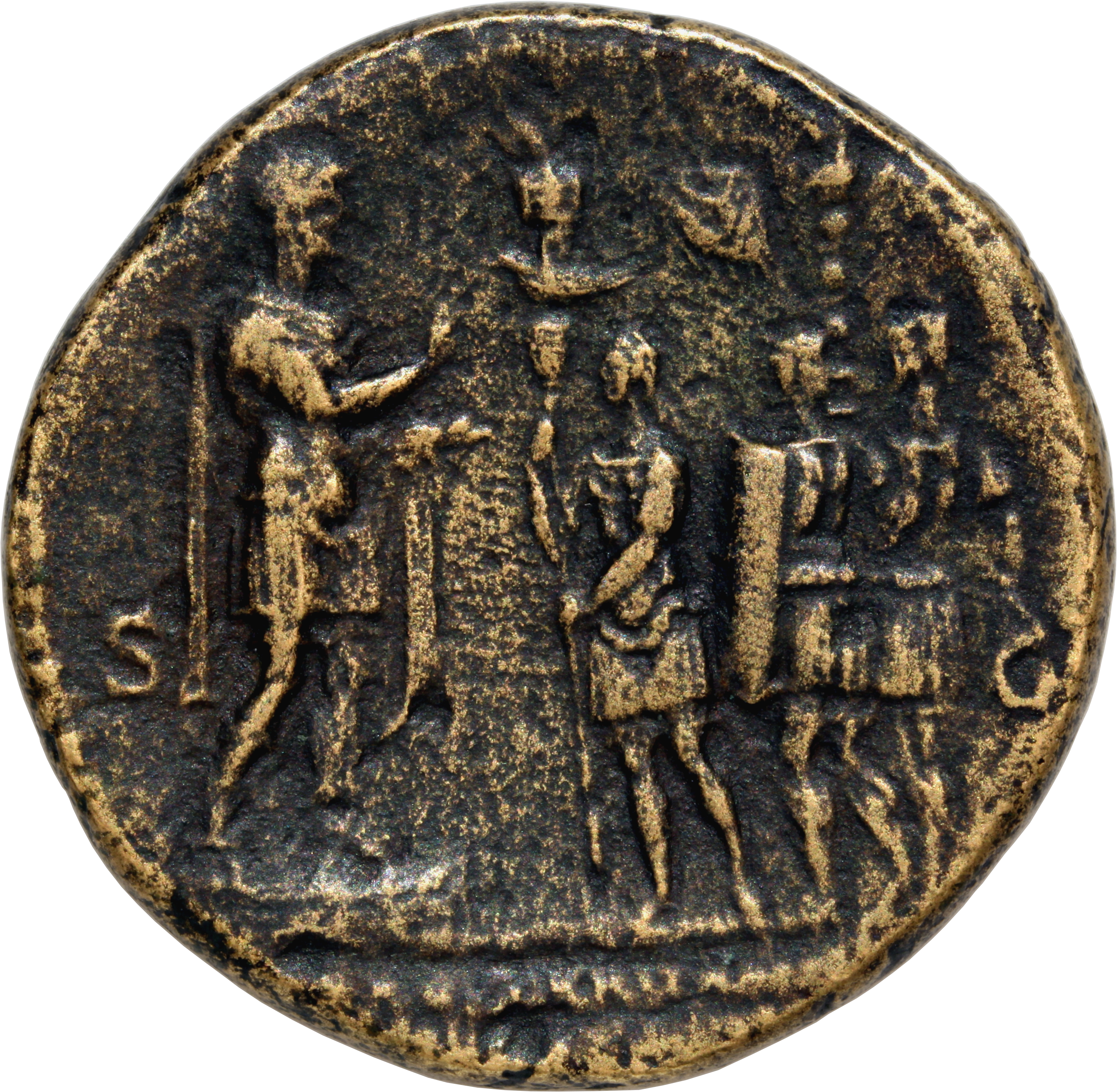 RIC II Hadrian 913 Hadrian reverse, Hadrian auf niedriger Basis nach rechts, bei einer Ansprache (adlocutio) an drei Solda...