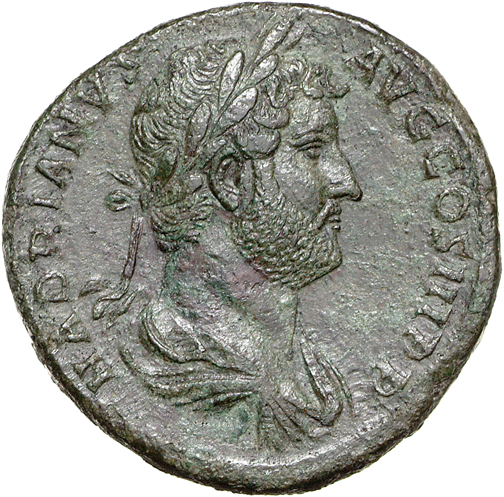 RIC II Hadrian 924 Hadrian obverse, Drapierte Büste des Hadrianus mit Lorbeerkranz in der Rückenansicht nach r.