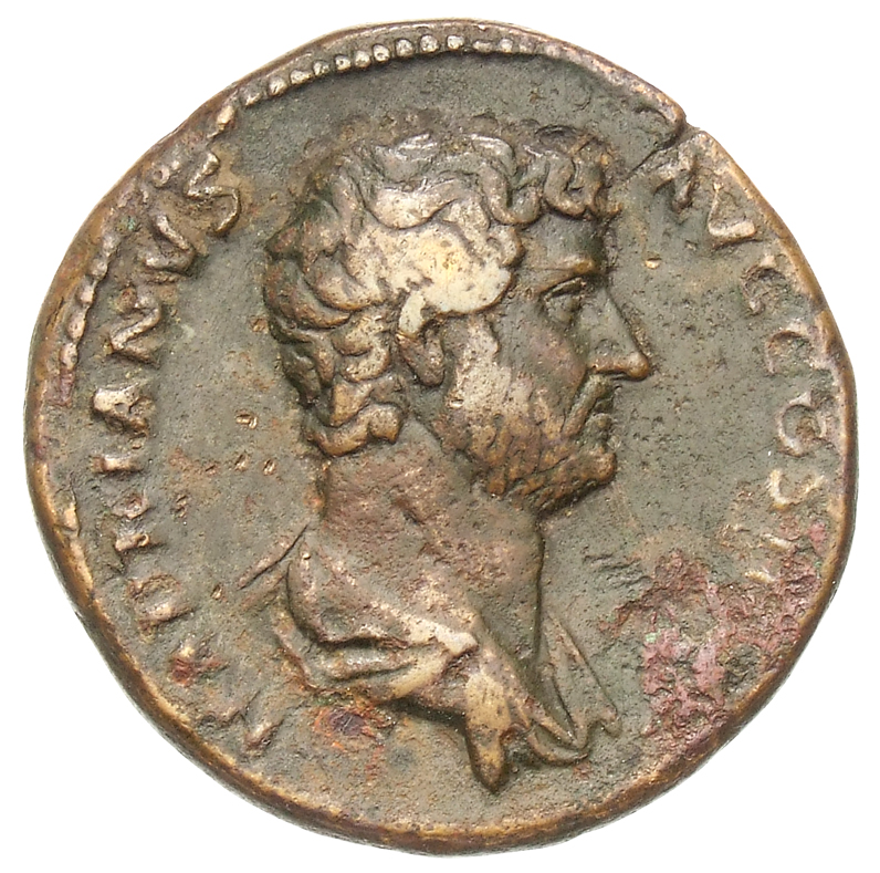 RIC II Hadrian 928c Hadrian obverse, Drapierte Panzerbüste des Hadrianus in der Rückenansicht nach r.