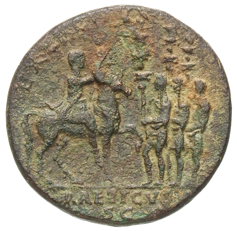 RIC II Hadrian 928f Hadrian reverse, Hadrianus auf Pferd nach r., den r. Arm zum Gruß erhoben (adlocutio), vor ihm drei So...