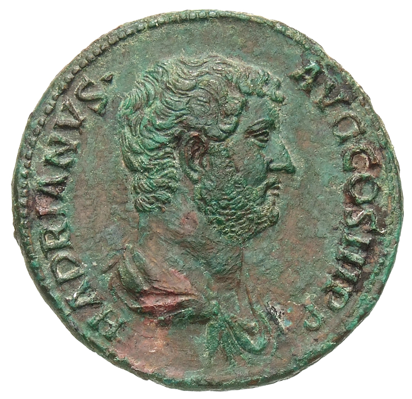 RIC II Hadrian 930c Hadrian obverse, Drapierte Panzerbüste des Hadrianus in der Rückenansicht nach r.