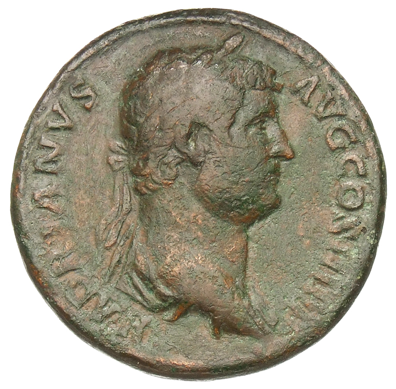 RIC II Hadrian 930f Hadrian obverse, Drapierte Panzerbüste des Hadrianus mit Lorbeerkranz in der Rückenansicht nach r.