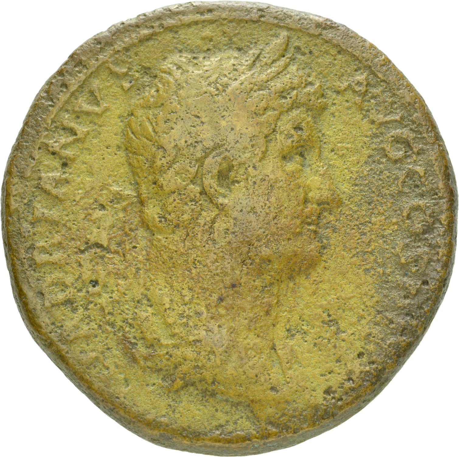 RIC II Hadrian 941f Hadrian obverse, Drapierte Büste des Hadrianus mit Lorbeerkranz in der Rückenansicht nach r.