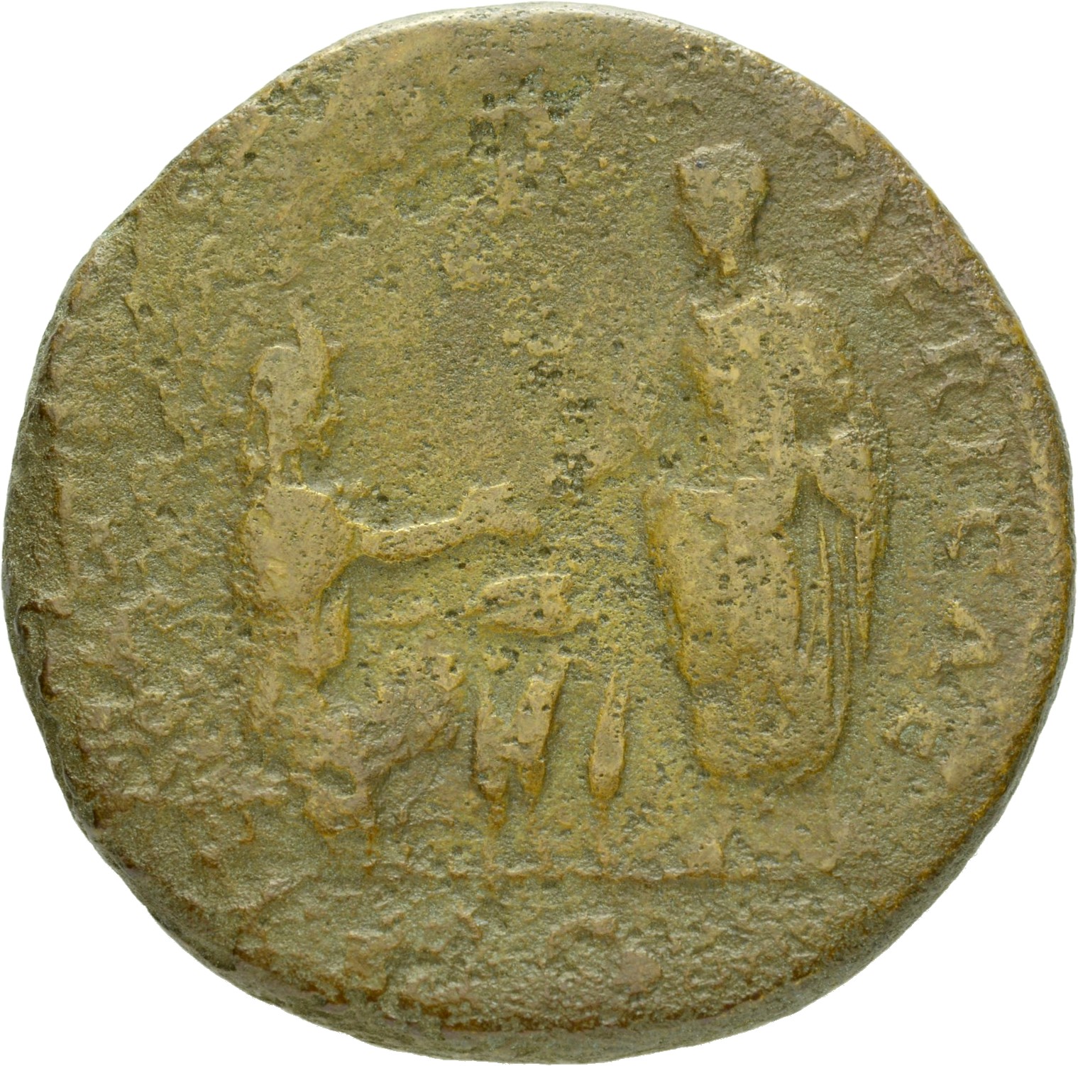 RIC II Hadrian 941f Hadrian reverse, Hadrianus mit Toga steht in der Vorderansicht, den Kopf nach l., und reicht der vor i...