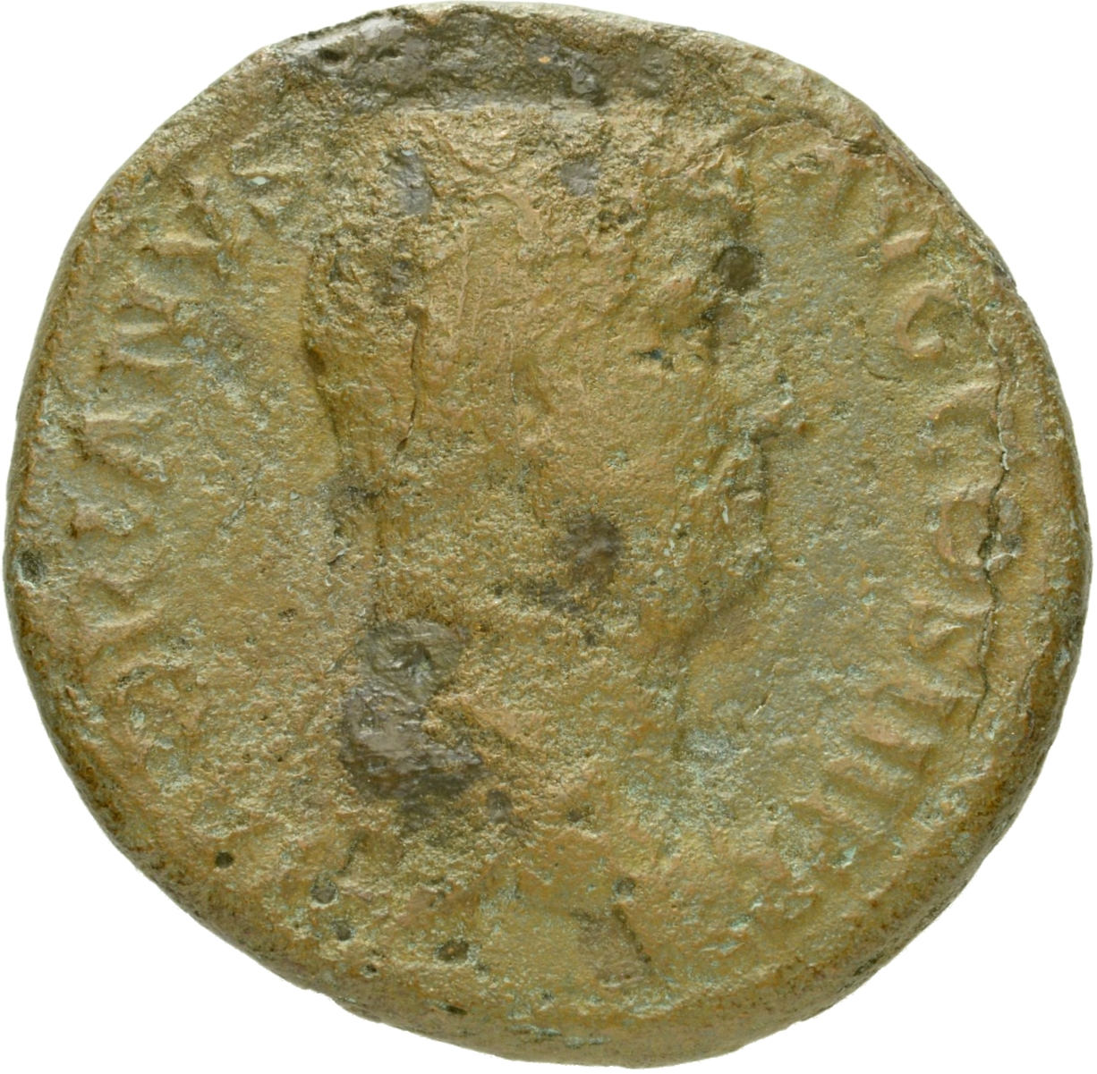 RIC II Hadrian 942c (as) Hadrian obverse, Drapierte Büste des Hadrianus in der Rückenansicht nach r.