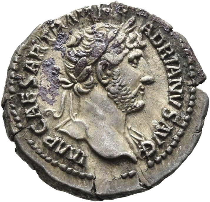 RIC II Hadrian 94a Hadrian obverse, Kopf des Hadrianus mit Lorbeerkranz und Gewandspuren an der l. Schulter nach r.
