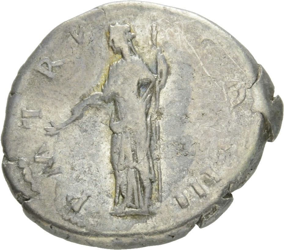 RIC II Hadrian 94b Hadrian reverse, Pax steht nach l. In der r. Hand einen Zweig, in der l. Hand ein Füllhorn (cornucopiae).