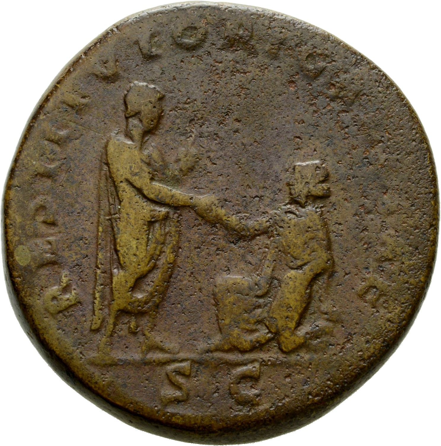 RIC II Hadrian 950c Hadrian reverse, Hadrianus mit Toga steht nach r. Er reicht der vor ihm knienden Gallia die Hand.