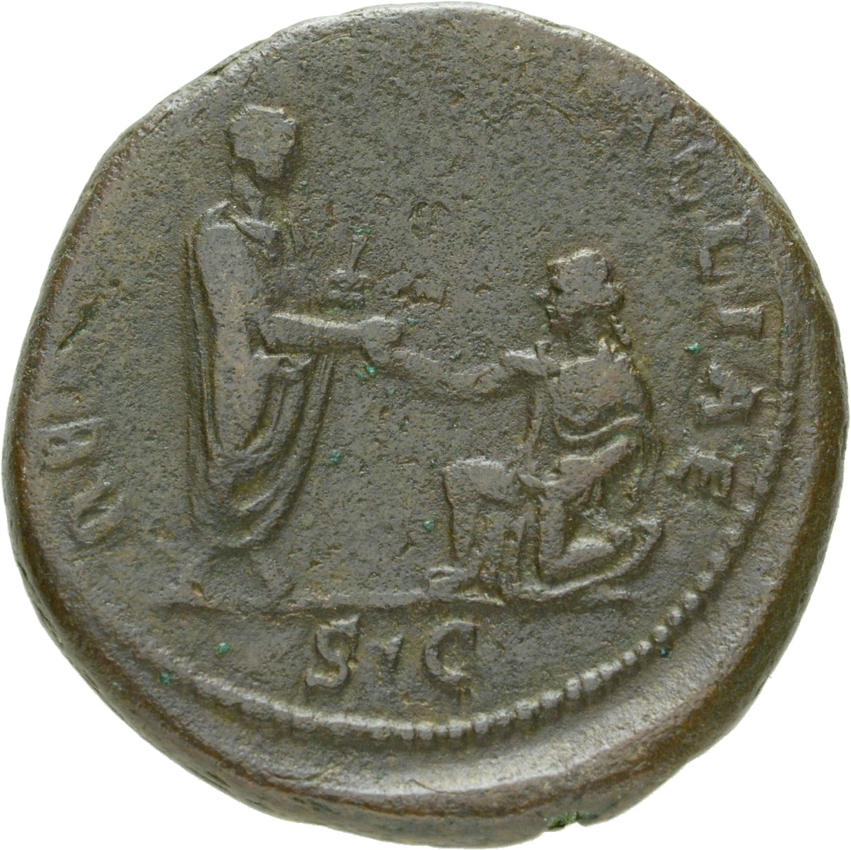 RIC II Hadrian 951f (as) Hadrian reverse, Hadrianus mit Toga steht nach l. Er reicht der vor ihm knienden Gallia die Hand.