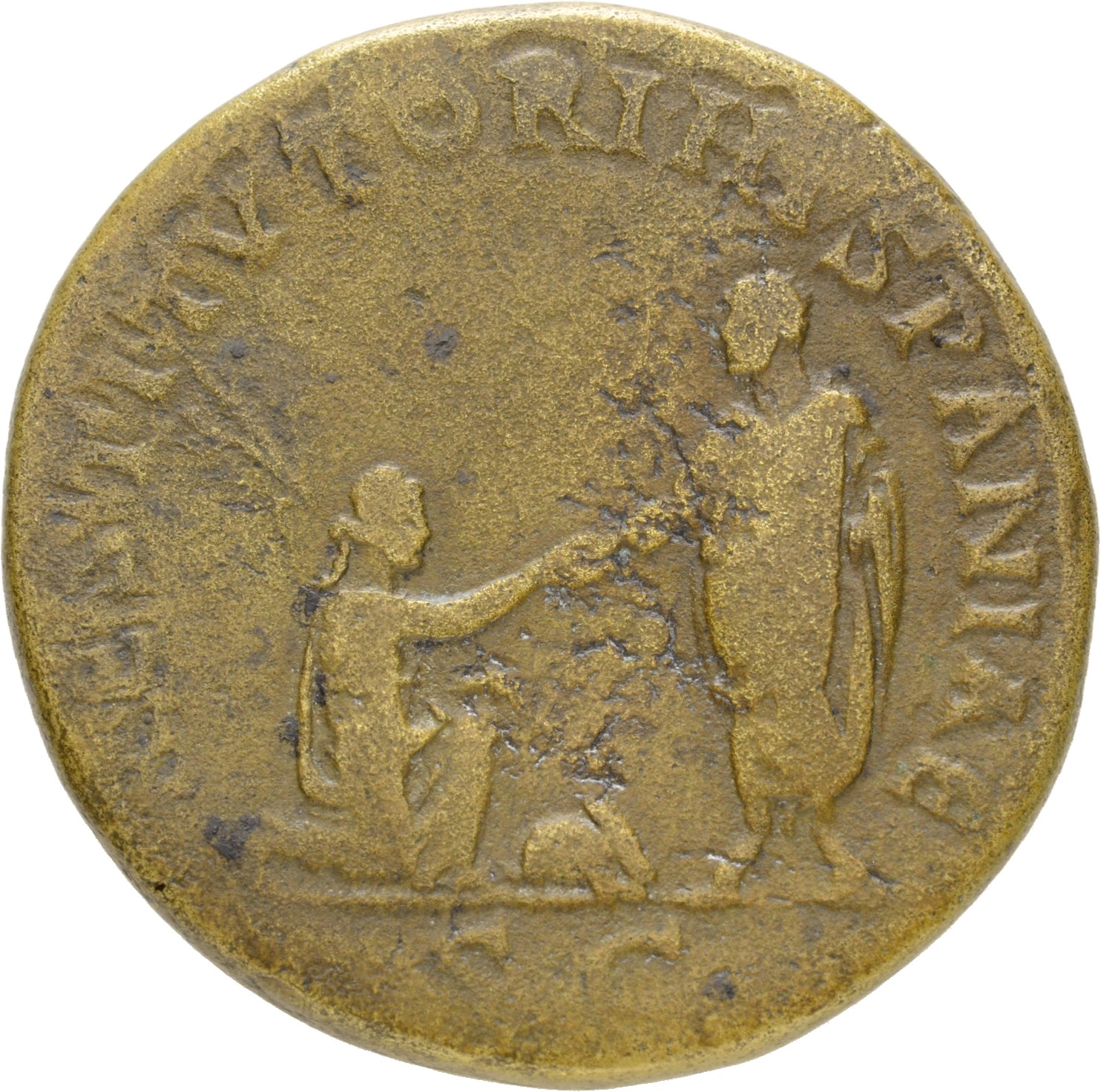 RIC II Hadrian 954c Hadrian reverse, Hadrianus mit Toga steht in der Vorderansicht, den Kopf nach l. Er reicht der vor ihm...