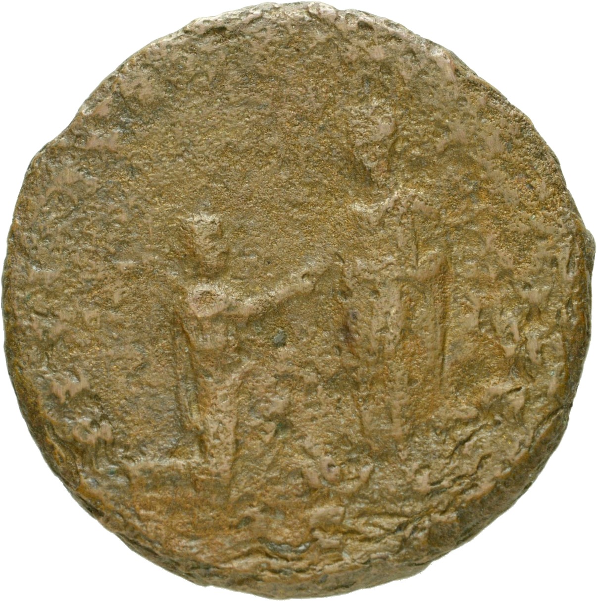 RIC II Hadrian 955f (as) Hadrian reverse, Hadrianus mit Toga steht in der Vorderansicht, den Kopf nach l. Er reicht der vo...