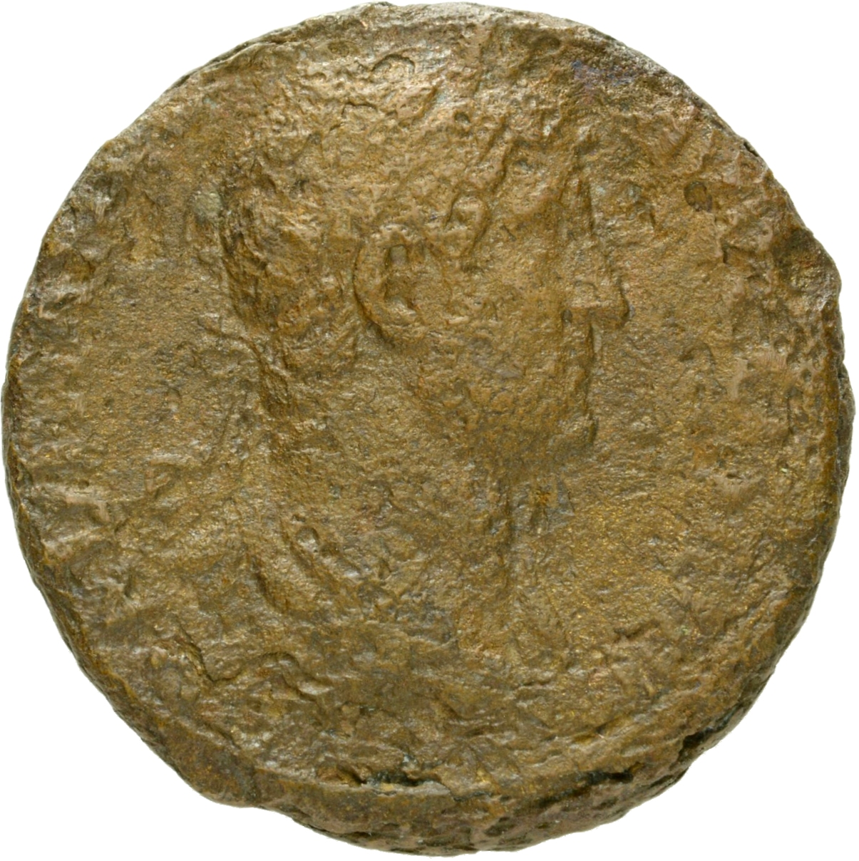 RIC II Hadrian 955f (as) Hadrian obverse, Drapierte Büste des Hadrianus mit Lorbeerkranz in der Rückenansicht nach r.