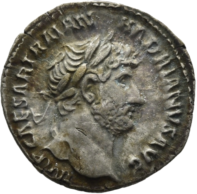 RIC II Hadrian 95a Hadrian obverse, Kopf des Hadrianus mit Lorbeerkranz nach r.