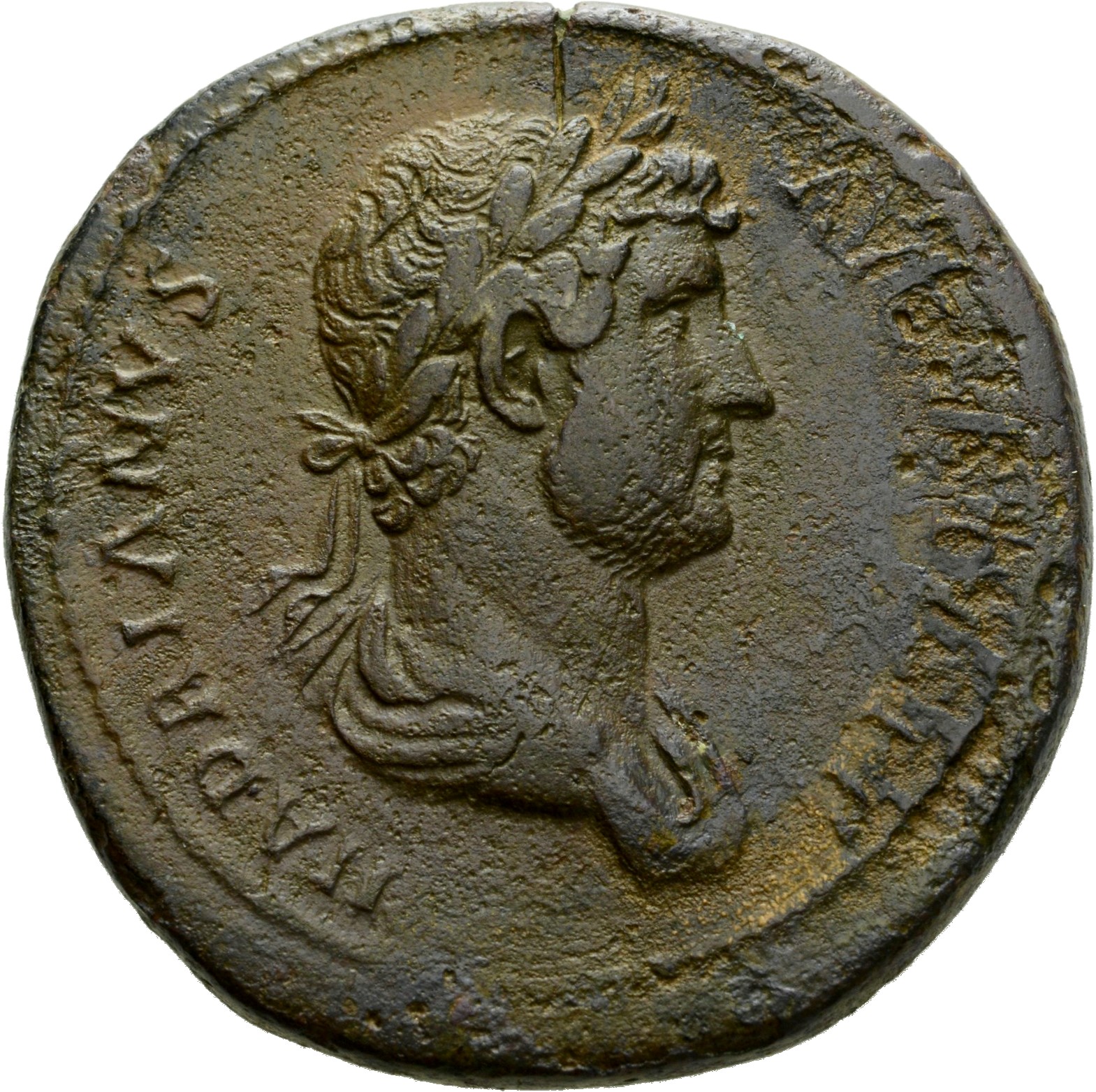 Hadrian obverse — Drapierte Büste des Hadrianus in der Rückenansicht mit Lorbeerkranz nach r.