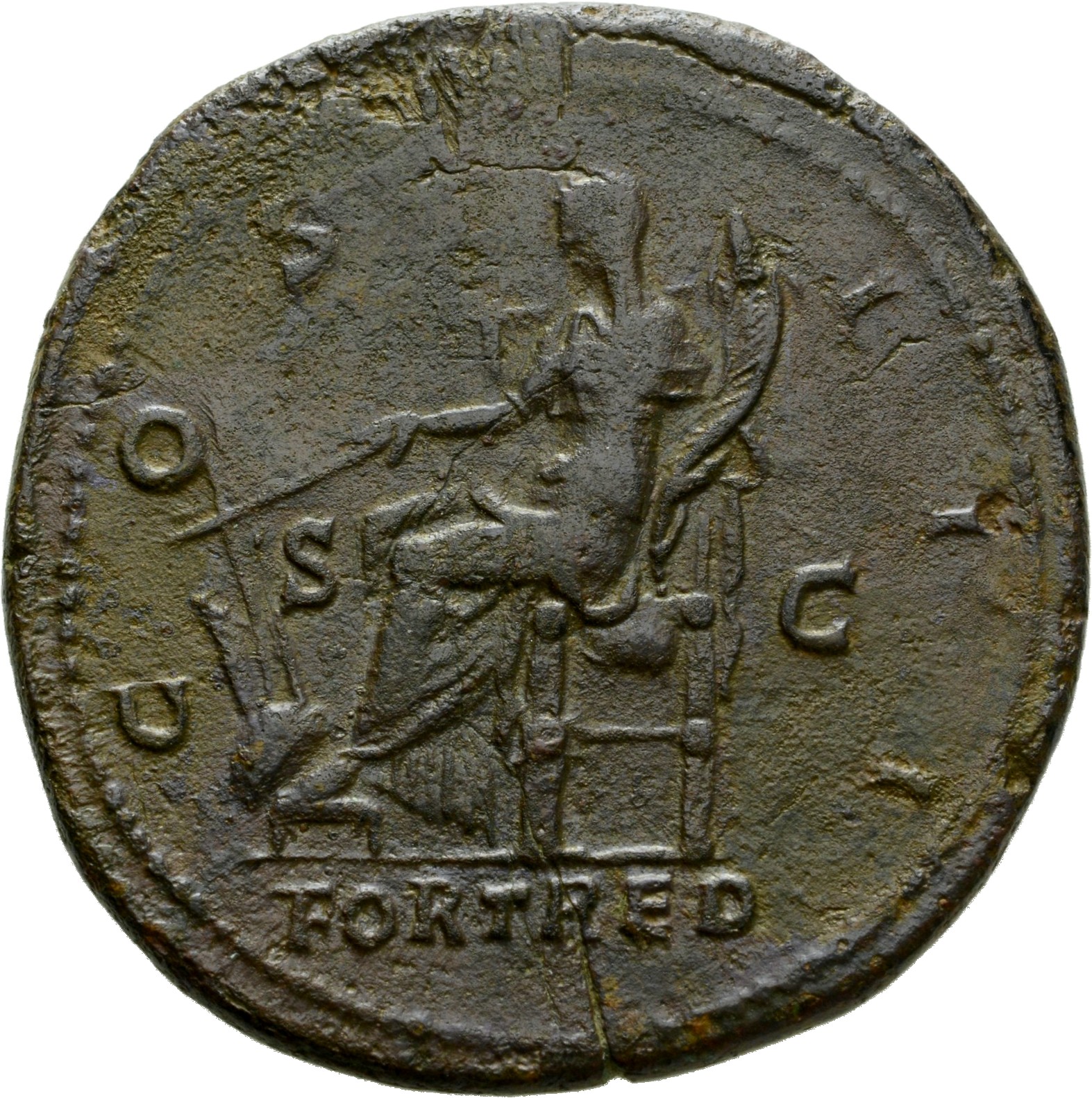 Hadrian reverse — Fortuna sitzt nach l. Sie hält in der r. Hand ein Ruder und im l. Arm ein Füllhorn (cornucopiae). Beiderseits S - C.