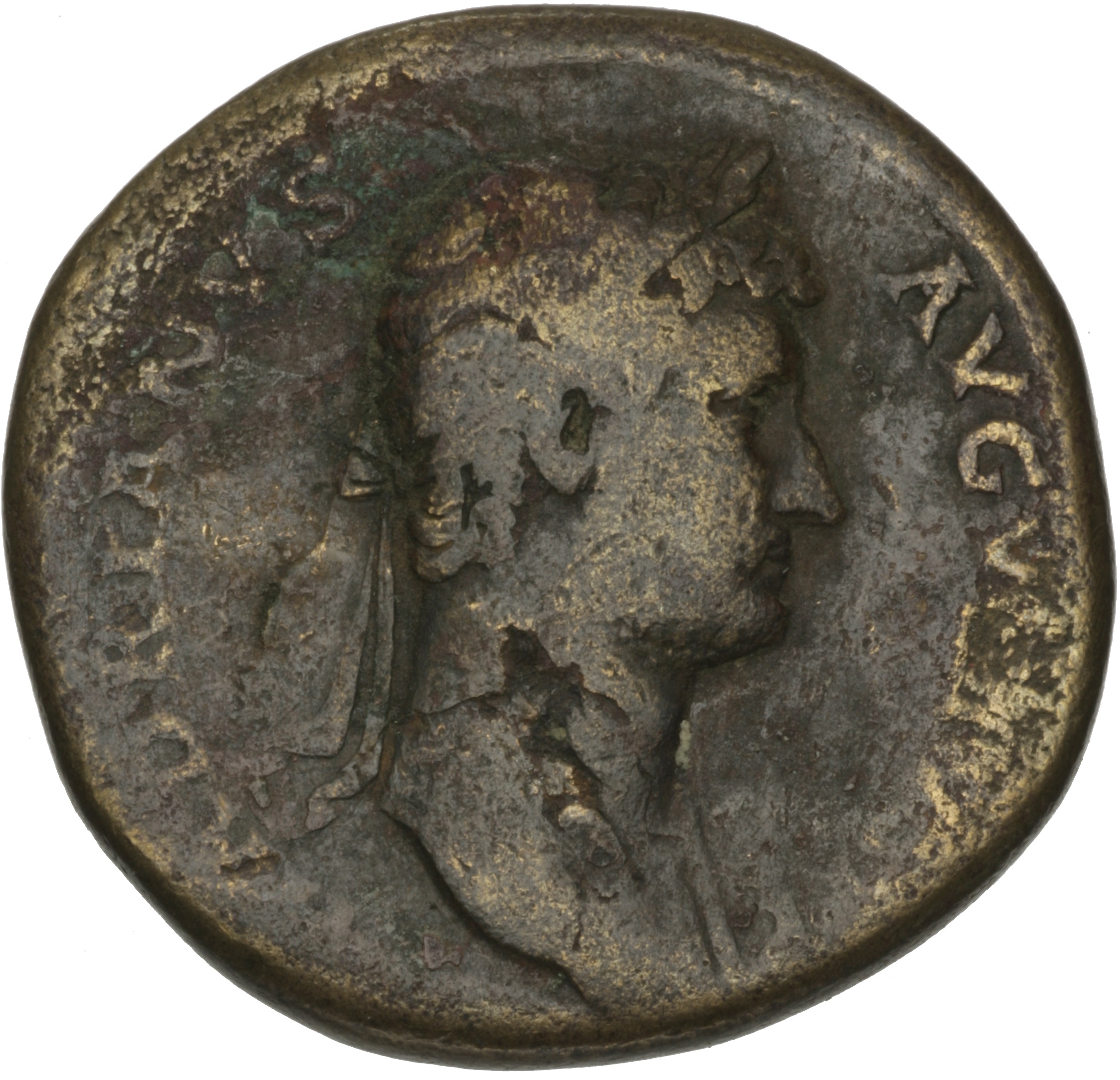 RIC II Hadrian 970b Hadrian obverse, Kopf Hadrians mit Lorbeerkranz nach rechts.