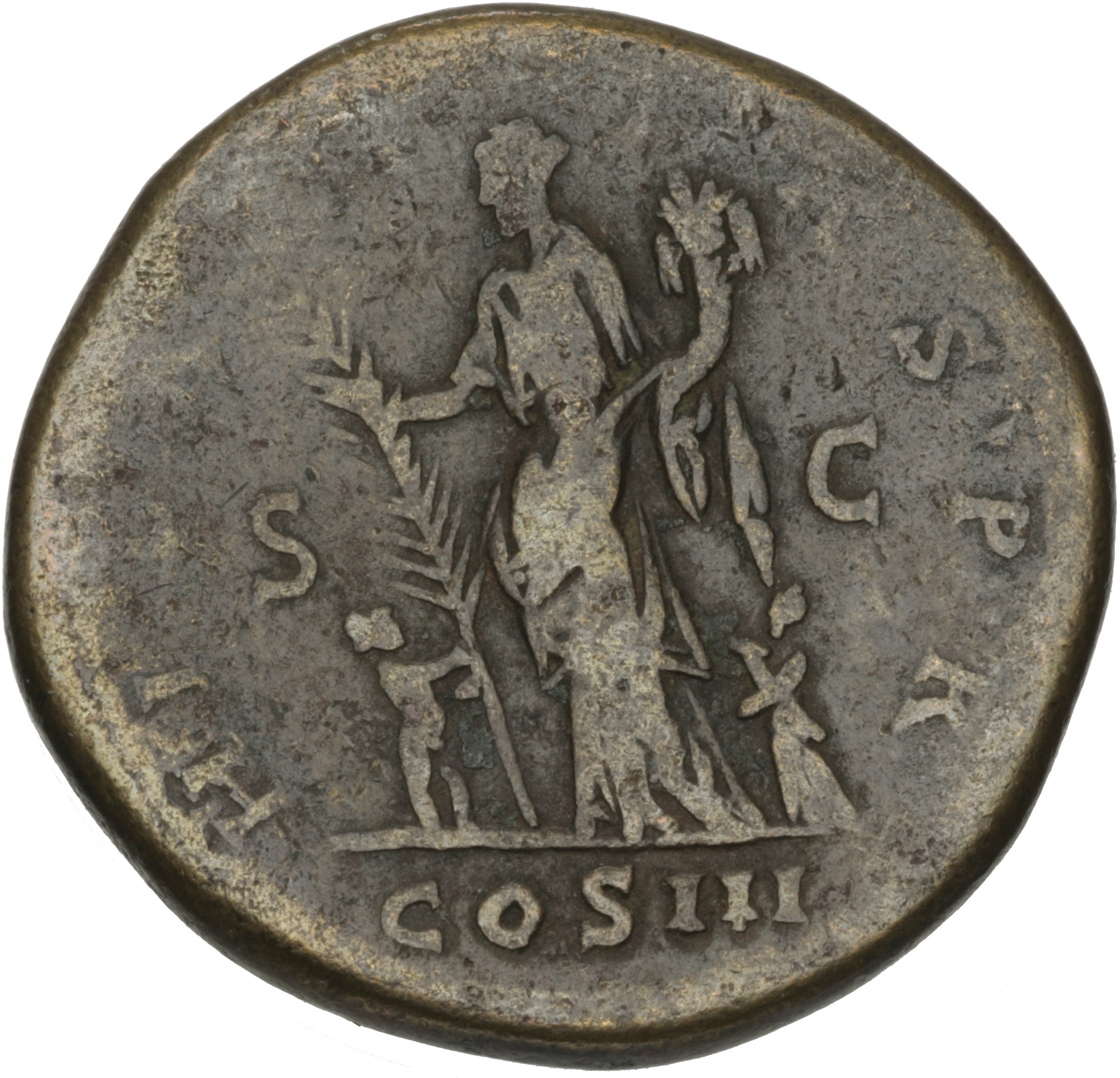 RIC II Hadrian 970b Hadrian reverse, Hilaritas mit langem Palmzweig und Füllhorn nach links stehend, zu Füßen Knabe und Mä...