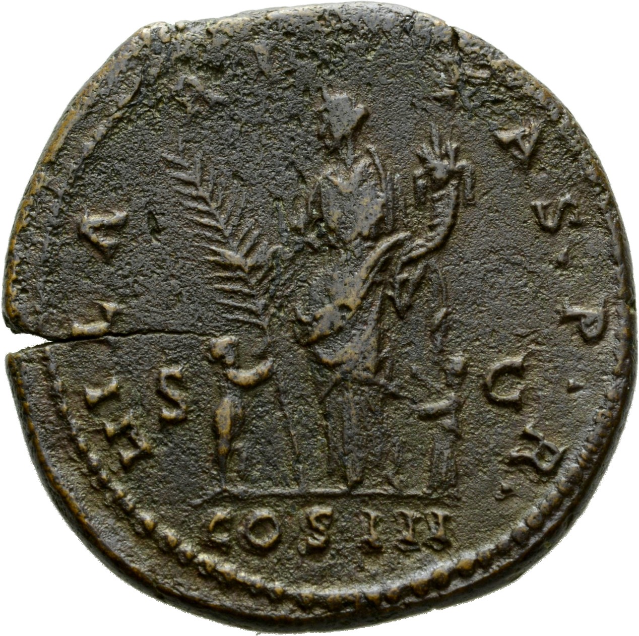RIC II Hadrian 974i Hadrian reverse, Hilaritas steht in der Vorderansicht, den Kopf nach l., in der r. Hand Palmwedel und ...
