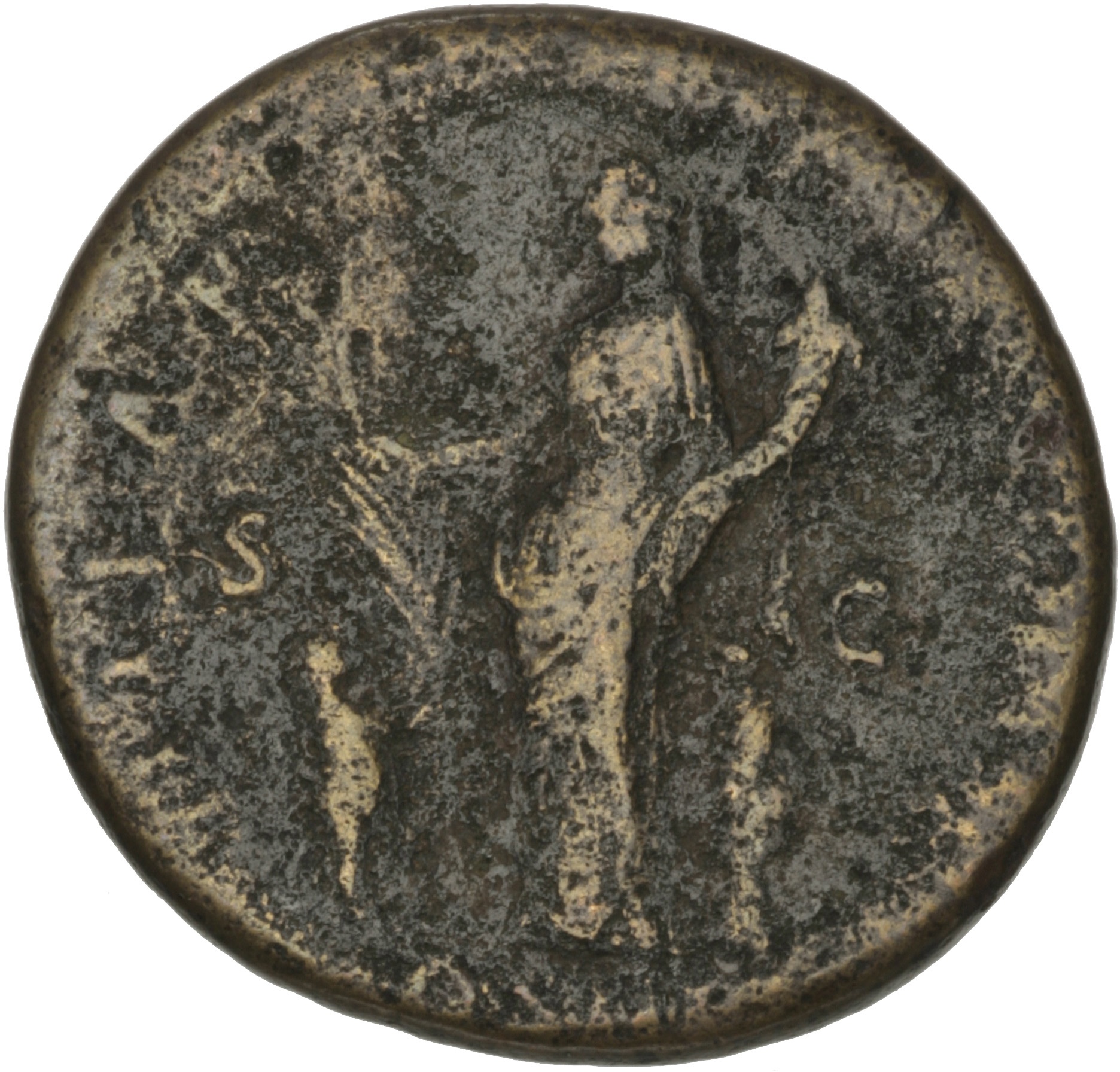 RIC II Hadrian 974i Hadrian reverse, Hilaritas steht in der Vorderansicht, den Kopf nach l., in der r. Hand Palmwedel und ...