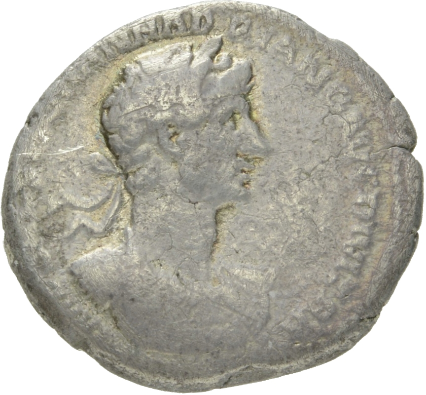 RIC II Hadrian 9a Hadrian obverse, Drapierte Büste des Hadrianus mit Lorbeerkranz in der Brustansicht nach r.