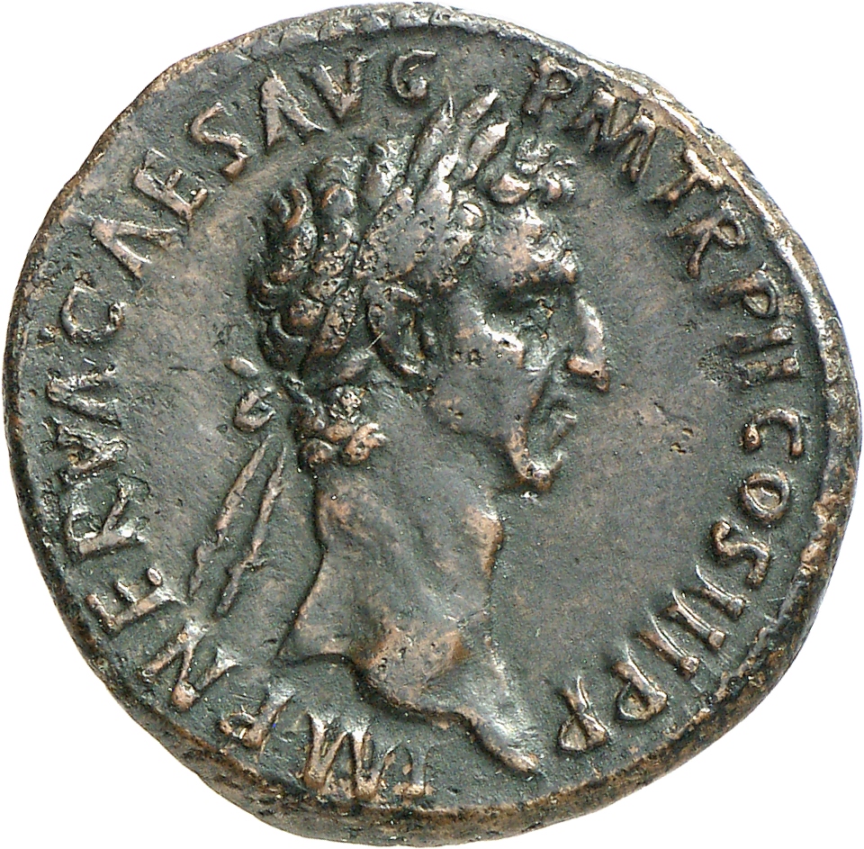 RIC II Nerva 100 (as) Nerva obverse, Head of Nerva, laureate, right