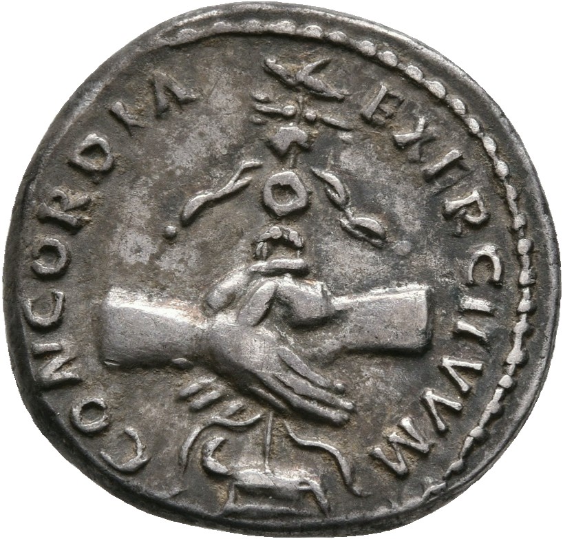 RIC II Nerva 15 (denarius) Nerva reverse, Clasped hands holding aquila set on prow, left