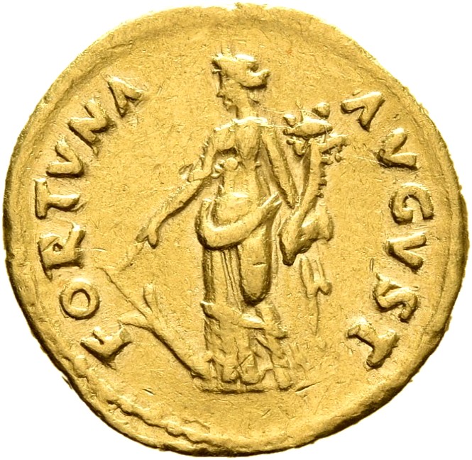 RIC II Nerva 16 (aureus) Nerva reverse, Fortuna, draped, standing left, holding rudder set on ground in right hand and cor...
