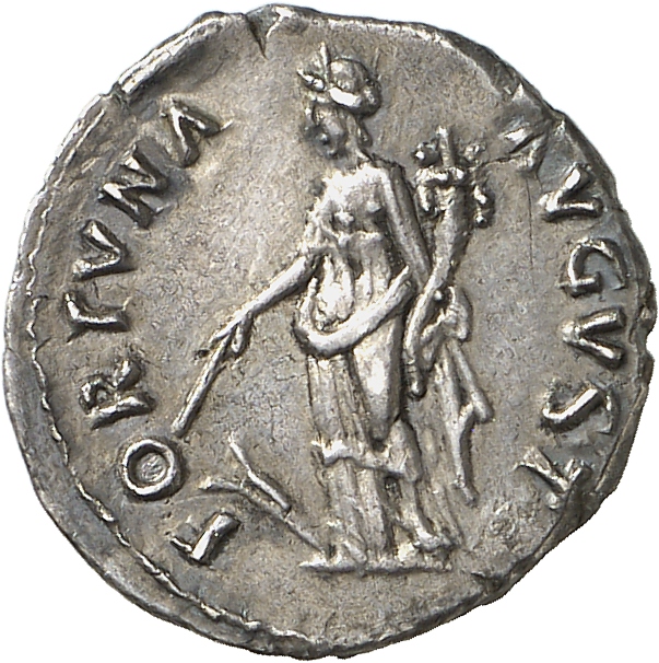 RIC II Nerva 16 (denarius) Nerva reverse, Fortuna, draped, standing left, holding rudder set on ground in right hand and c...